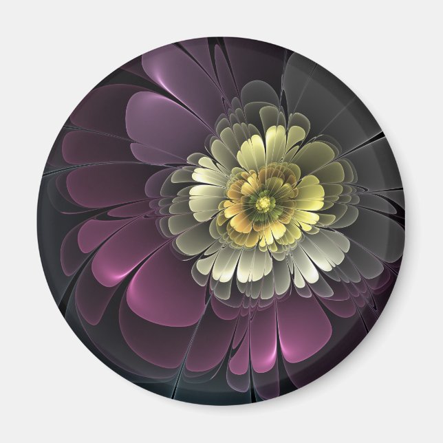 Imã Flor Fractal Abstrata Moderna Purpura Cinza Khaki (Frente)