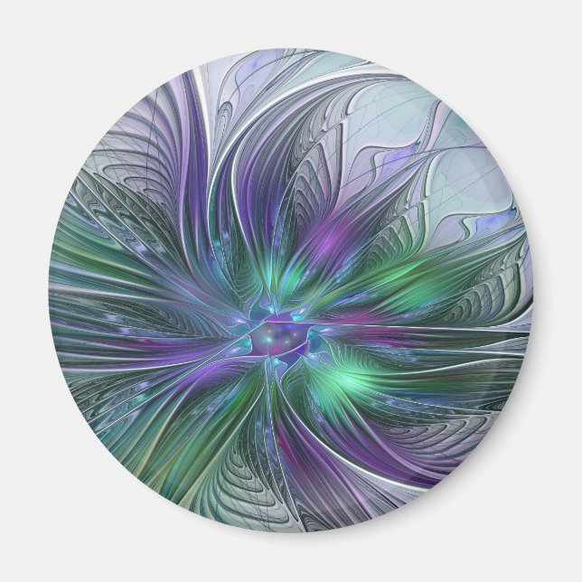 Imã Flor Moderna Abstrata Fractal Verde Roxo (Frente)