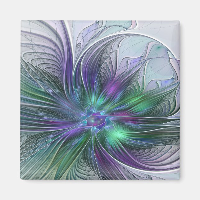 Imã Flor Moderna Arte Abstrata Fractal Roxa Verde (Frente)