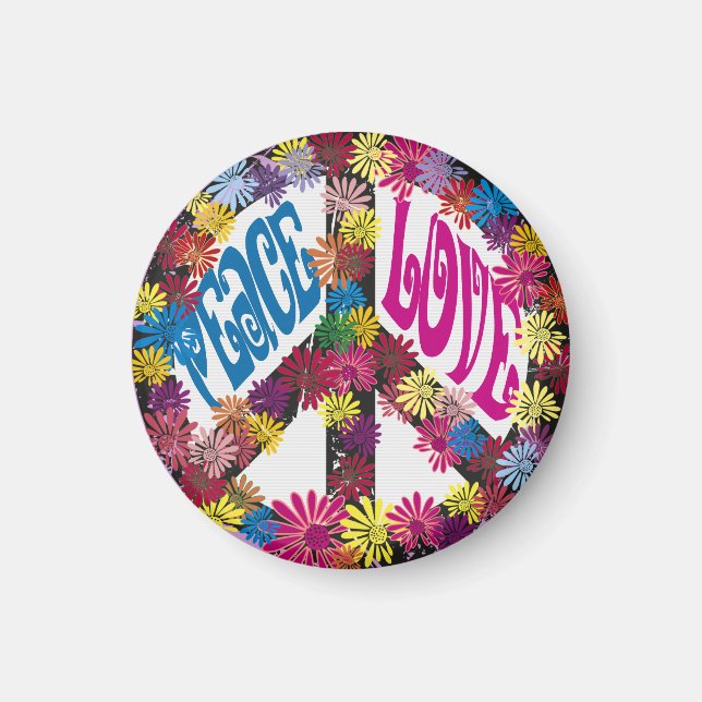 Imã Flor Power Peace & Love Hippie Symbols Magnet (Frente)