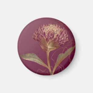 Imã Flor Protea Dourada Bordô Ilustração Botânica