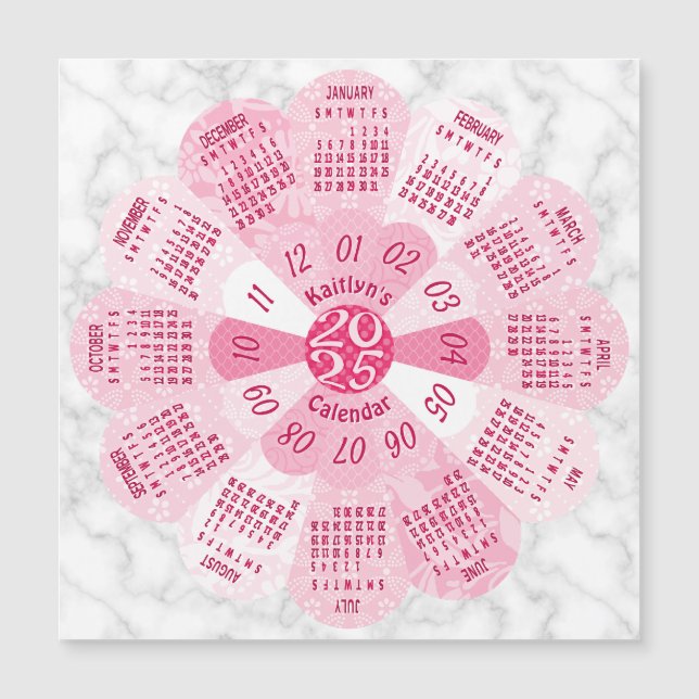 Ímã-Flor Rosa-Boho Personalizado do Ano Civil 2025 (Frente)