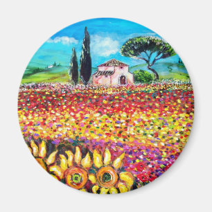 Imã FLORA em campos, em papoilas e em girassóis de