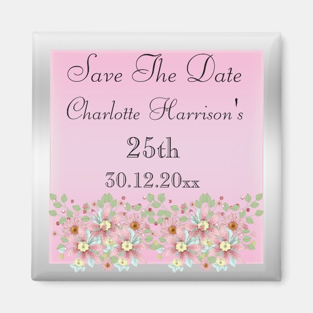Imã Florais Rosa & Prata Save The Date 25º (Frente)