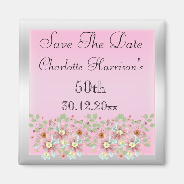 Imã Florais Rosa & Prata Save The Date 50º (Frente)