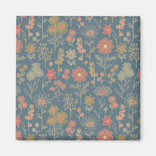 Imã Floral Azul e Coral Moderno Denim