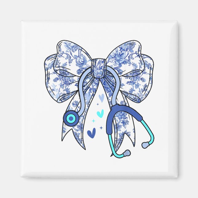 Imã Floral Blue Coquette Bow Nurse Stethoscope Medical (Frente)