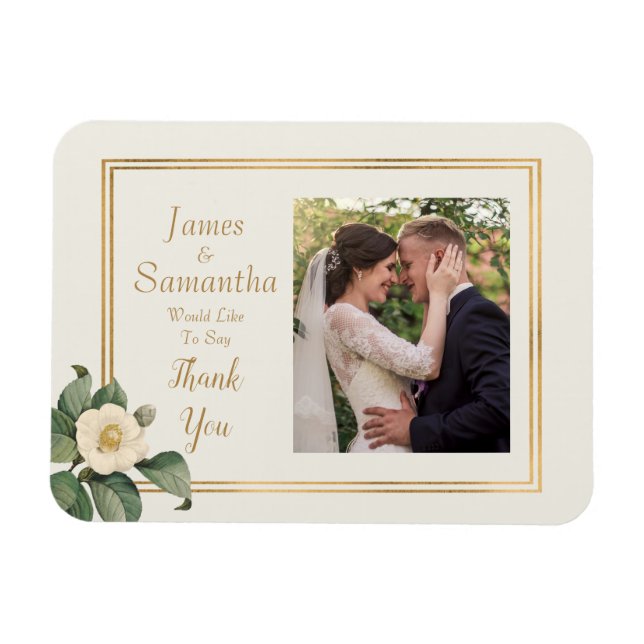 Ímã Floral Branco Simples | Foto personalizada Obrigad (Horizontal)