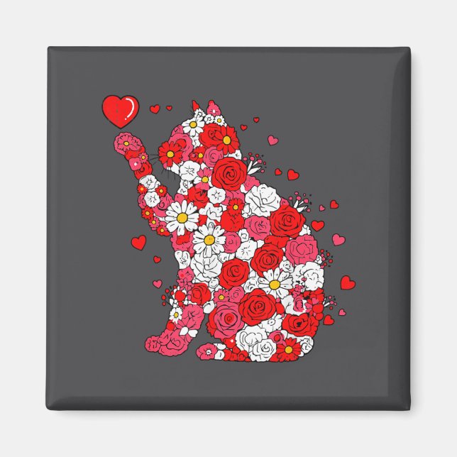 Imã Floral Cat Heart Valentines Day Meow Kitty Kitten  (Frente)