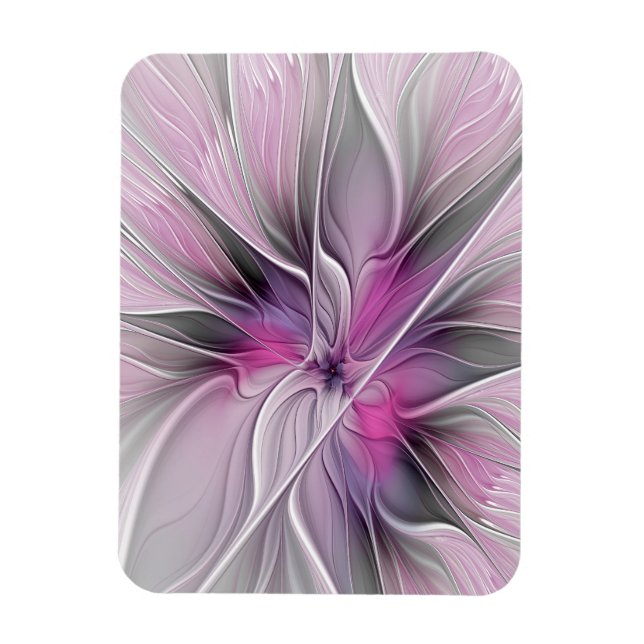 Ímã Floral Fractal Moderno Abstrato Flor Rosa Cinza (Vertical)