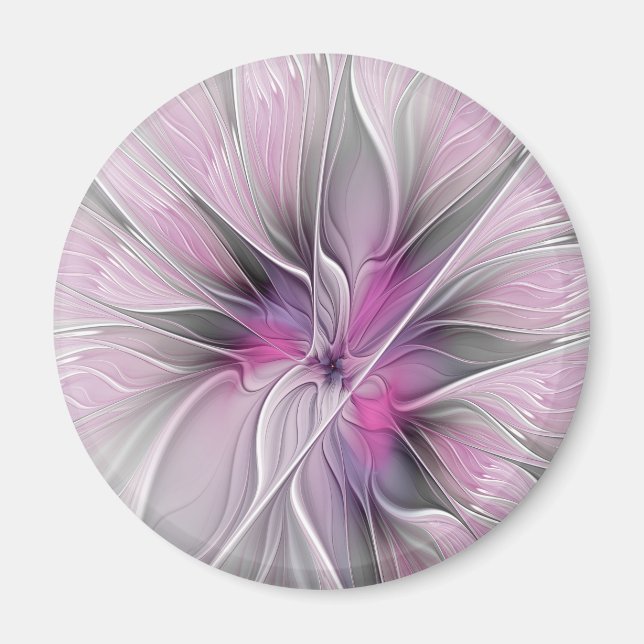 Imã Floral Fractal Moderno Abstrato Flor Rosa Cinza (Frente)