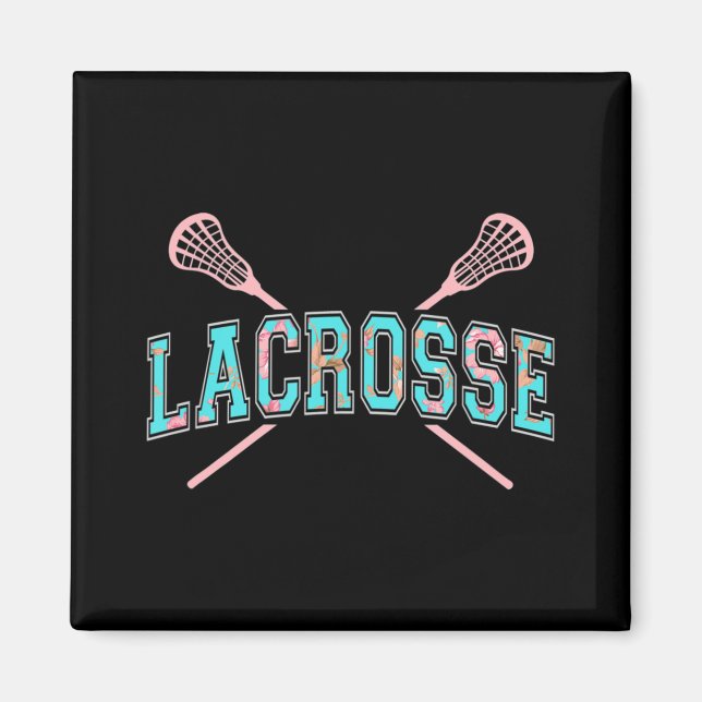 Imã Floral Lacrosse Crossed Sticks LAX Girly Teal PInk (Frente)