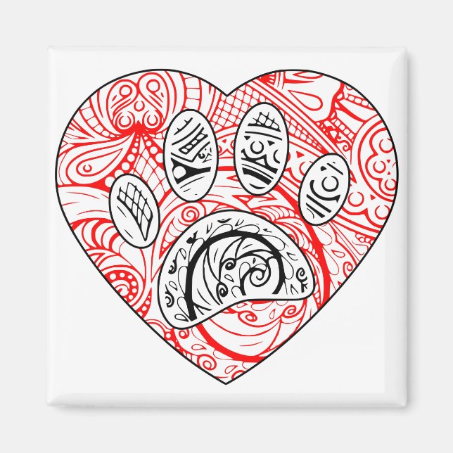 Imã Floral Mandala Dog Paw Print Red Heart (Frente)