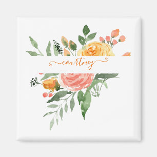 Imã Floral personalizado com aquarela rosa e laranja