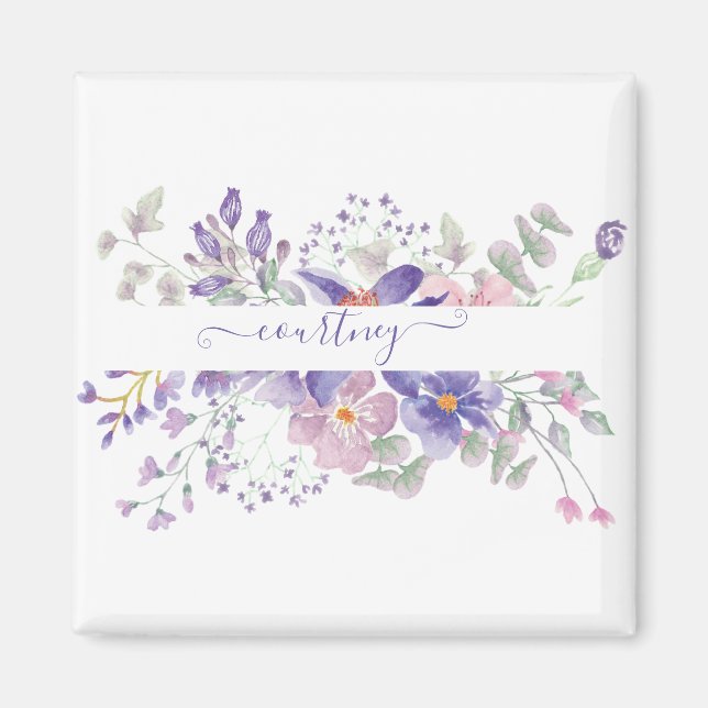 Imã Floral personalizado com aquarela rosa e roxo (Frente)