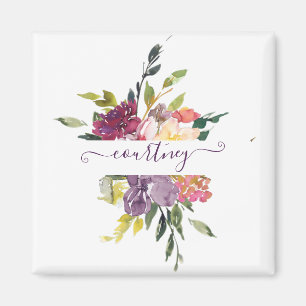 Imã Floral personalizado com aquarela roxa e vermelha 