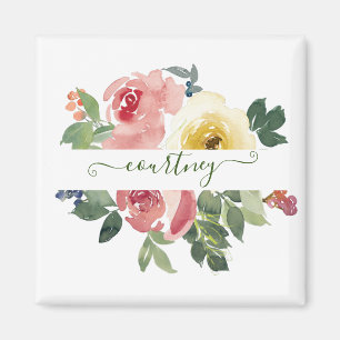 Imã Floral personalizado em aquarela rosa e amarelo