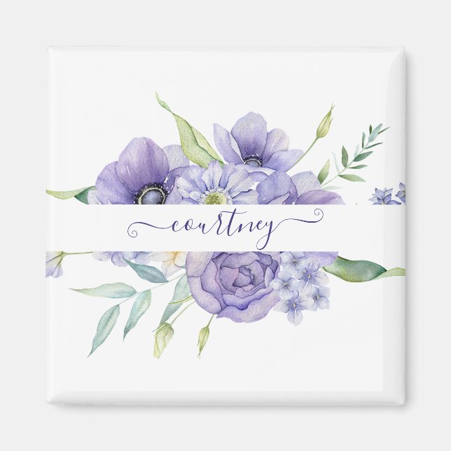 Imã Floral personalizado em aquarela roxa  (Frente)