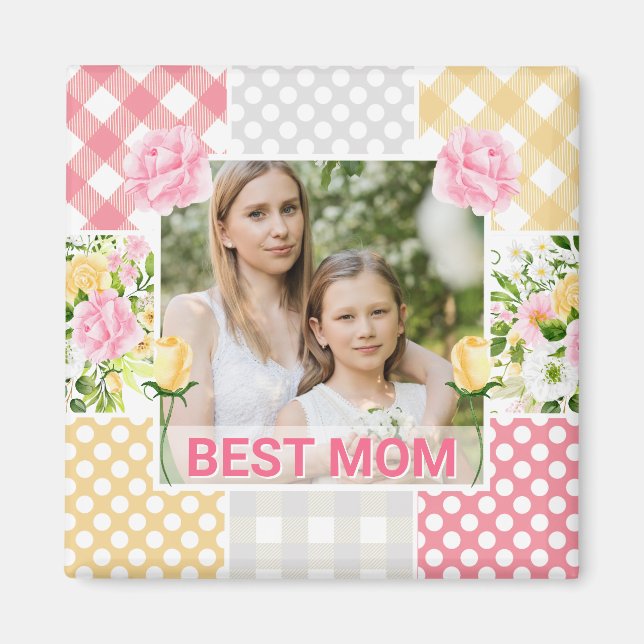Imã Floral & Plaid Photo Frame Mother's Day (Frente)