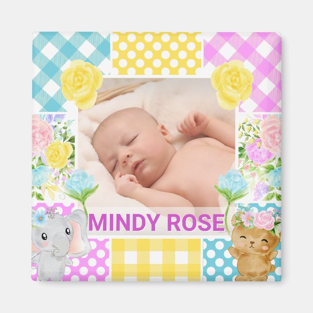 Imã Floral & Plaid Photo Frame Newborn Baby (Frente)