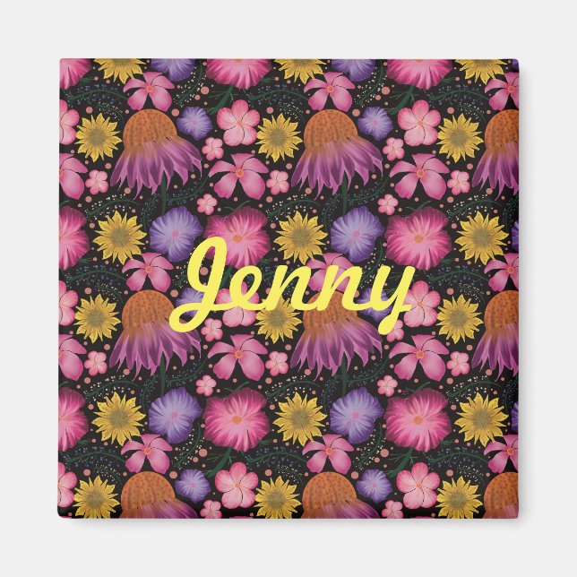 Imã Floral Preto de Flor Selvagem Personalizado (Frente)