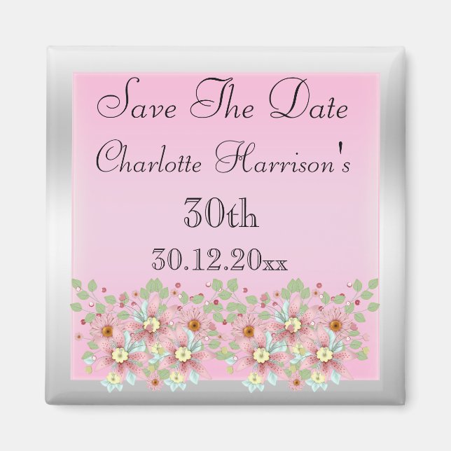 Imã Floral Rosa e Prata Save The Date 30º (Frente)