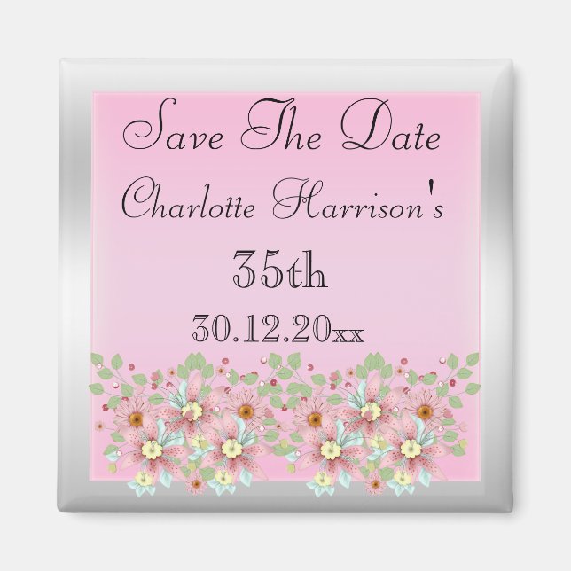 Imã Floral Rosa & Prata Save The Date 35º (Frente)