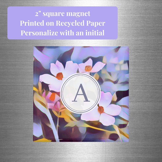 Imã Floral Roxo e Azul com Inicial (Purple and blue floral initial square magnet)