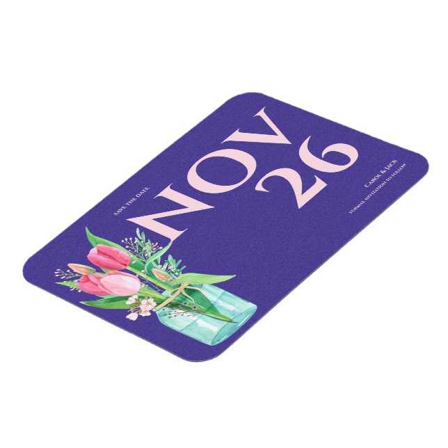 Ímã Floral Roxo e Blush Casamento Salve a Data (Left Side)