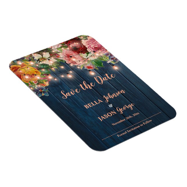 Ímã Floral String Lights Rustic Wedding Save The Date (Lado Direito)