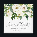 Imã Floral White Roses Greenery Favor do Casamento<br><div class="desc">Elegante favorito para o casamento floral, com íman pintado manualmente, rosas brancas de cor d'água e verde juntamente com "Amor e Obrigados" em um lindo roteiro manuscrito e seus nomes e data abaixo. Estes ímãs florais são perfeitos para um casamento de jardim no verão e fazem favores de casamento de...</div>