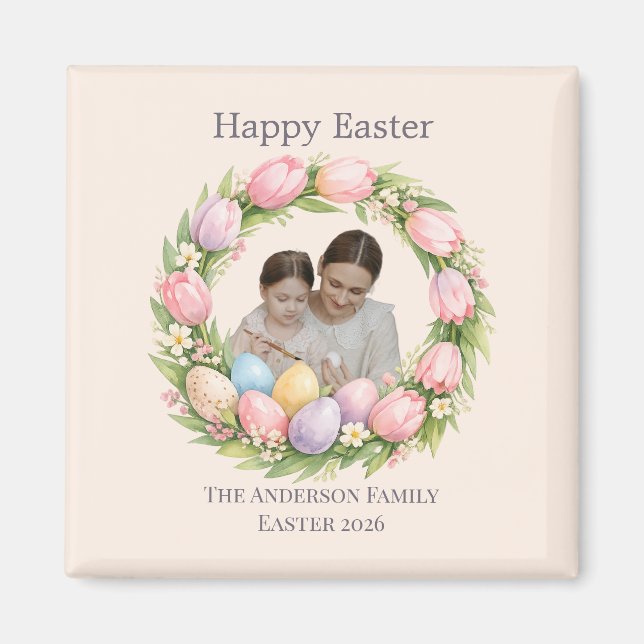 Imã Floral Wreath & Family Photo Personalized Easter  (Frente)