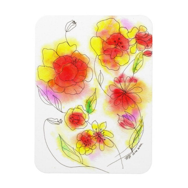 Ímã Flores abstrato, vermelhas e amarelas, de aquarela (Vertical)