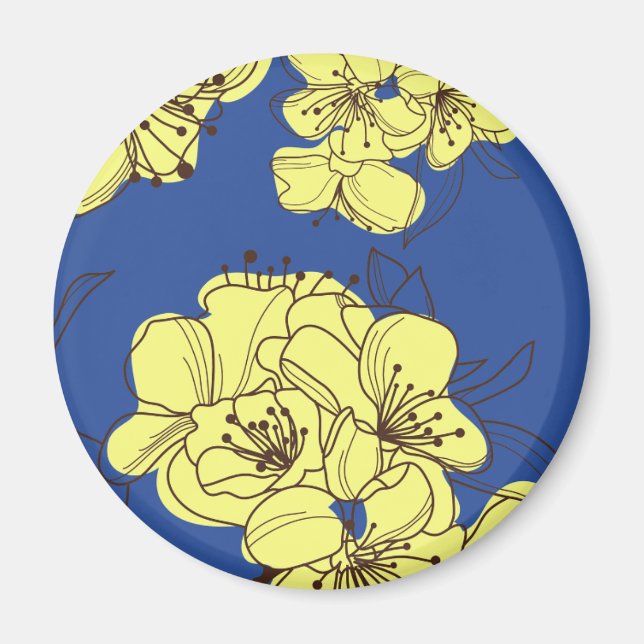 Imã Flores Amarelas Desenhadas à Mão em Azul (Frente)