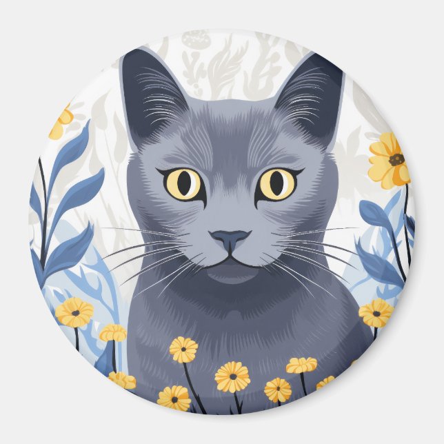 Imã Flores Amarelas do Gato Azul Russo (Frente)