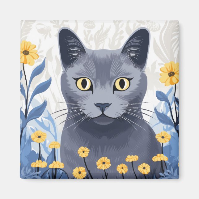 Imã Flores Amarelas do Gato Azul Russo (Frente)