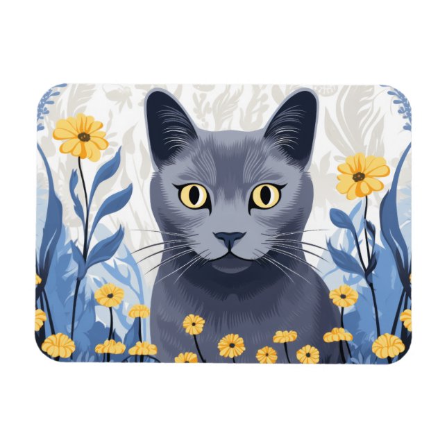 Ímã Flores Amarelas do Gato Azul Russo (Horizontal)