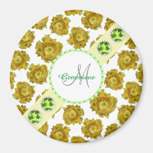 Imã Flores Amarelas em Pedras e Pérolas Brancas, Verde