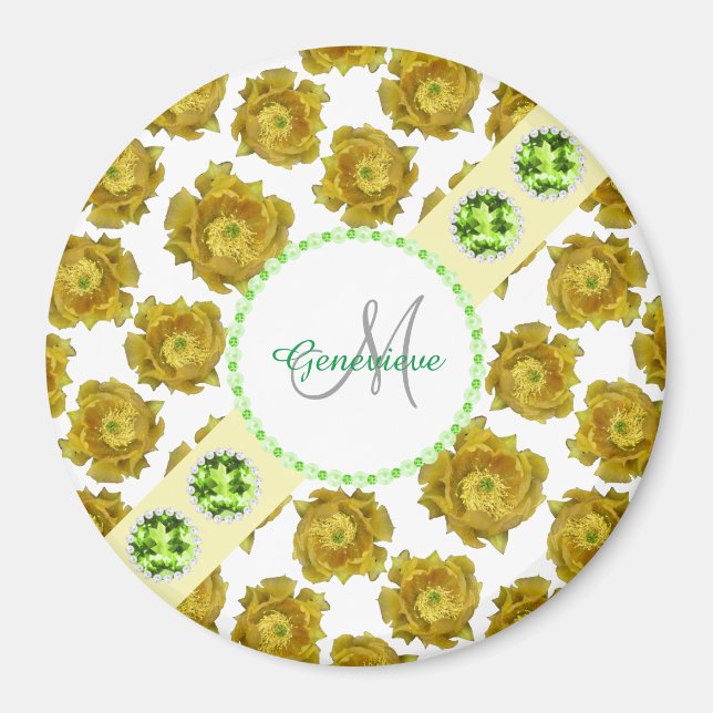 Imã Flores Amarelas em Pedras e Pérolas Brancas, Verde (Frente)