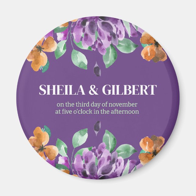 Imã Flores Amarelas Roxas Salve A Data (Frente)