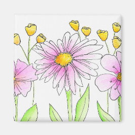 Imã Flores Bonitas Rosa e Amarelo em Aquarela