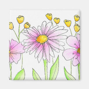Imã Flores Bonitas Rosa e Amarelo em Aquarela