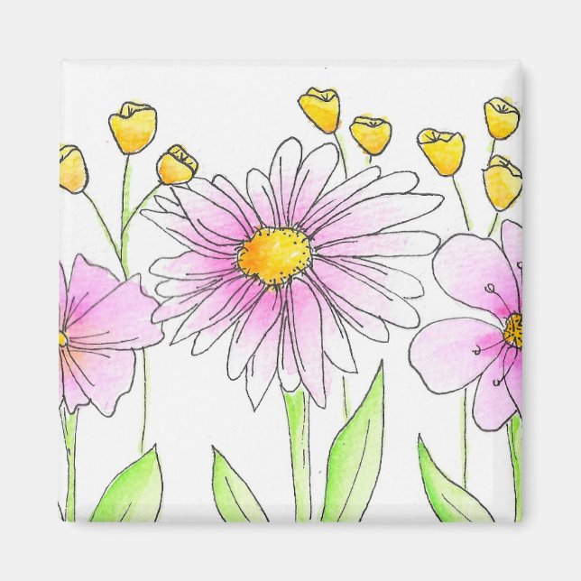 Imã Flores Bonitas Rosa e Amarelo em Aquarela (Frente)