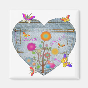 Imã Flores Cardíacas Denim Pocket Borboletas