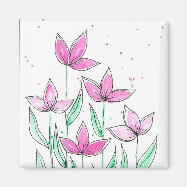 Imã Flores Cor-de-Rosa Caprichosas em Aquarela (Frente)