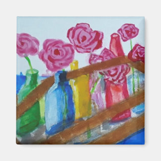 Imã flores cor-de-rosa em vasos pintando ímã