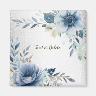 Imã Flores de Aquarela Azul Empoeirado Prata Elegante