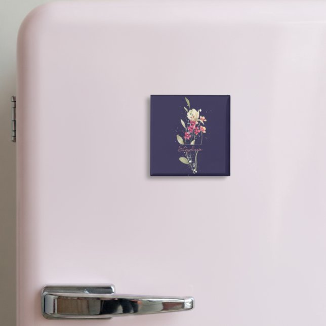 Imã Flores de Aquarela Elegante Simples Azul Escuro (Criador carregado)