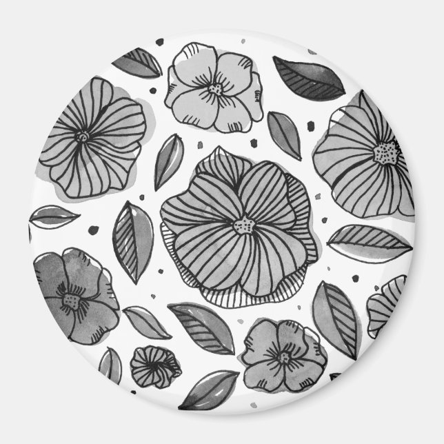 Imã Flores de aquarelas e de tinta - preto e branco (Frente)
