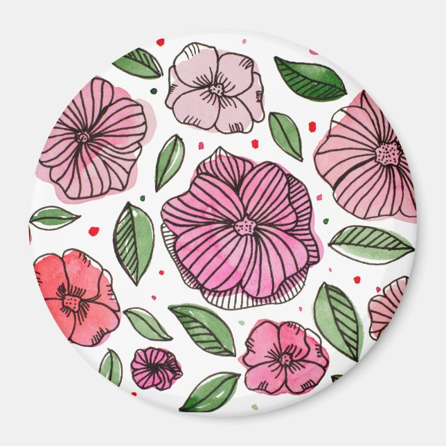 Imã Flores de aquarelas e de tinta - rosa e verde (Frente)